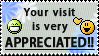 A stamp that says your visit is very appreciated!! with two DeviantArt emojis, to the left is the grin emoji and to the right is a waving emoji.
